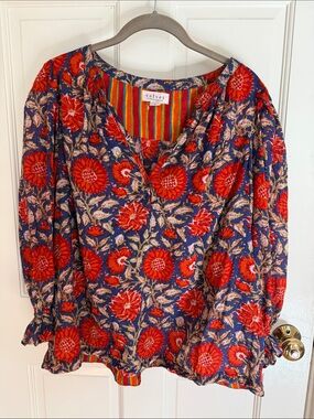 Velvet Red Floral V-Neck Blouse on Navy, XL